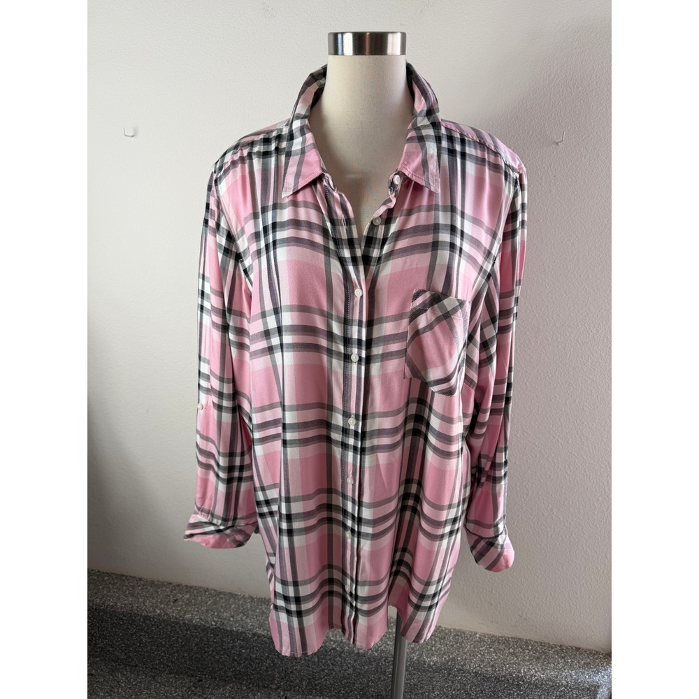 Tommy Hilfiger Womens Plus 2X Pink Plaid Roll Tab Sleeve Button Up Shirt